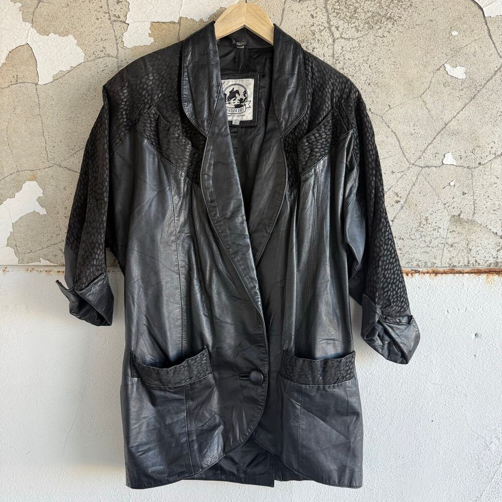 Vintage Leather Jacket‎ Longline Textured Oversize 80s Statement Blazer S Korea